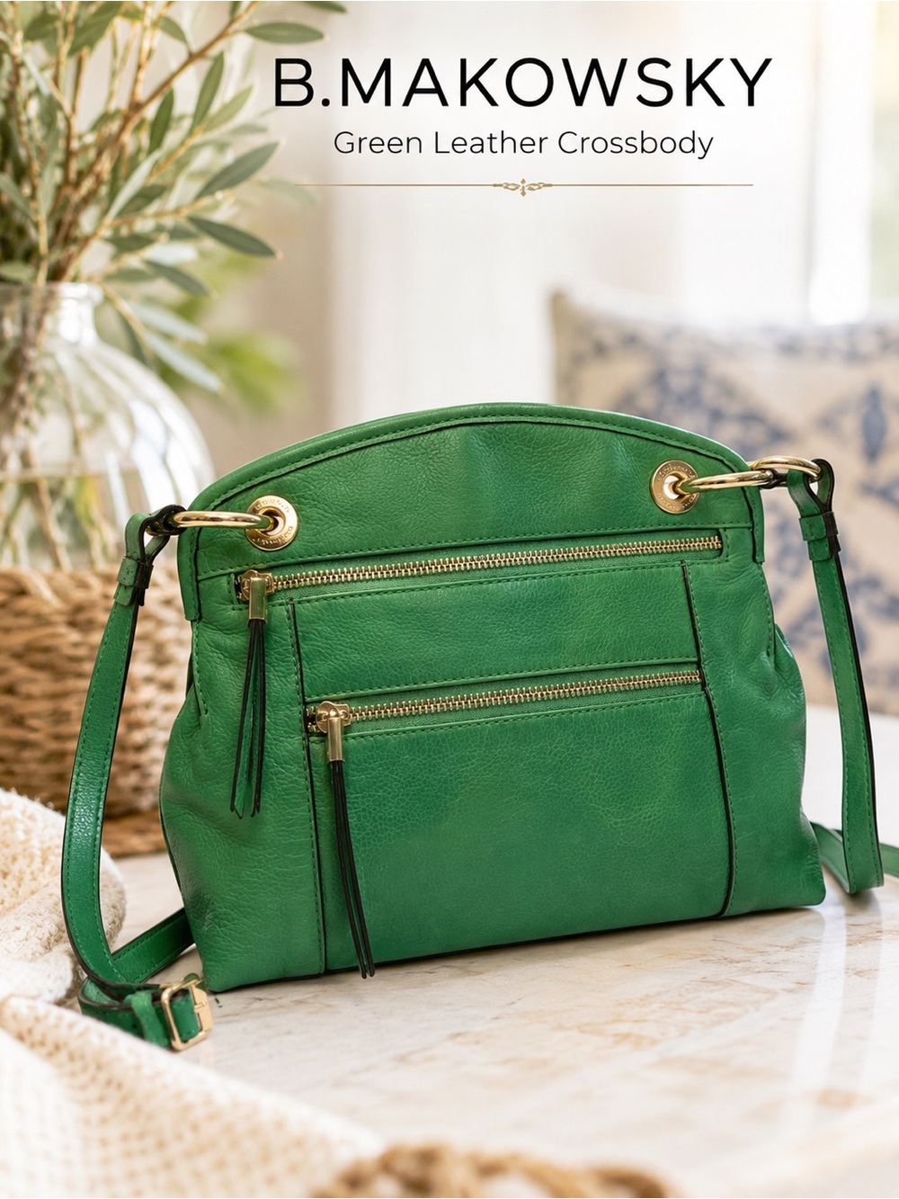 B. Makowsky Green Pebbled Leather Crossbody Shoulder Bag Gold Hardware